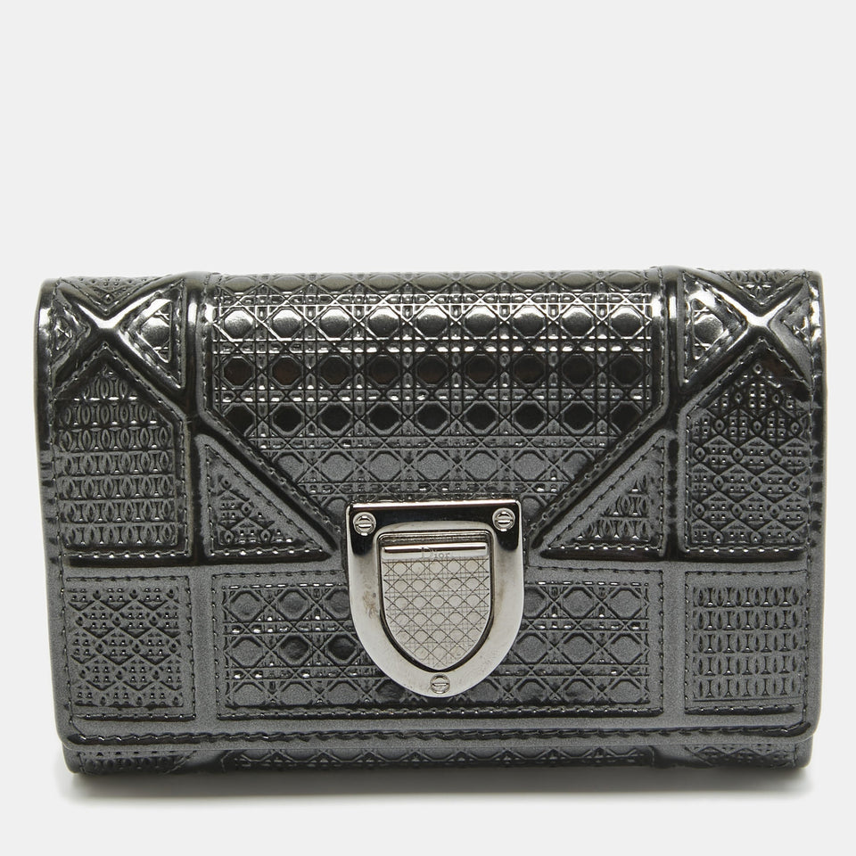 Grey Microcannage Patent Leather Diorama Trifold Wallet