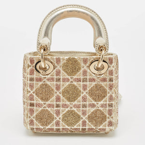 Dior Gold Cannage Leather Micro Beaded Lady Dior Tote