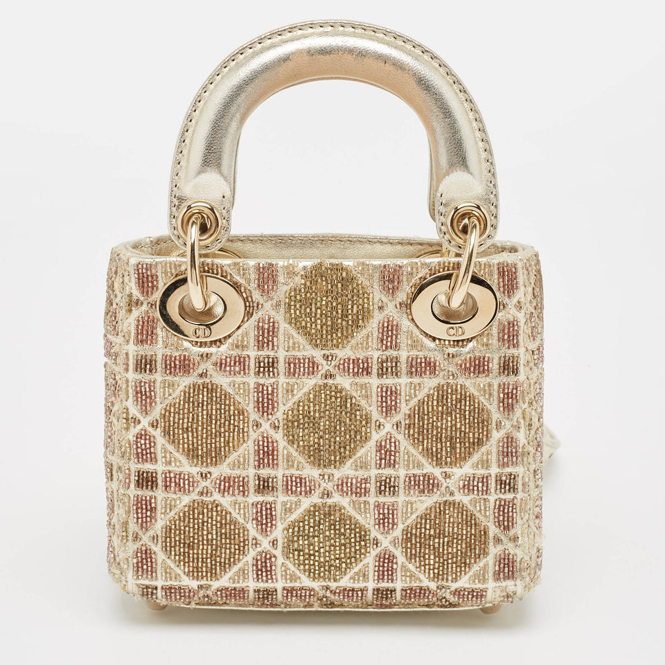 Dior Gold Cannage Leather Micro Beaded Lady Dior Tote