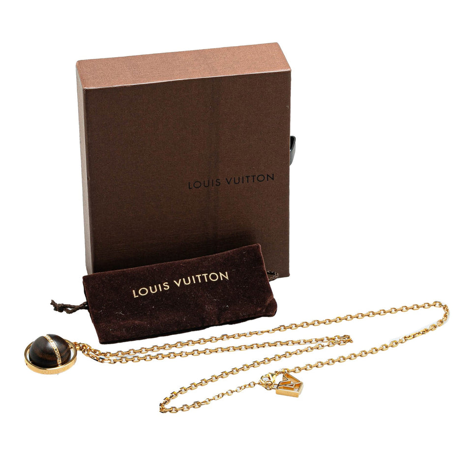 Gold Louis Vuitton Gold Plated Crystal Magnetic Wood Ball Pendant Necklace