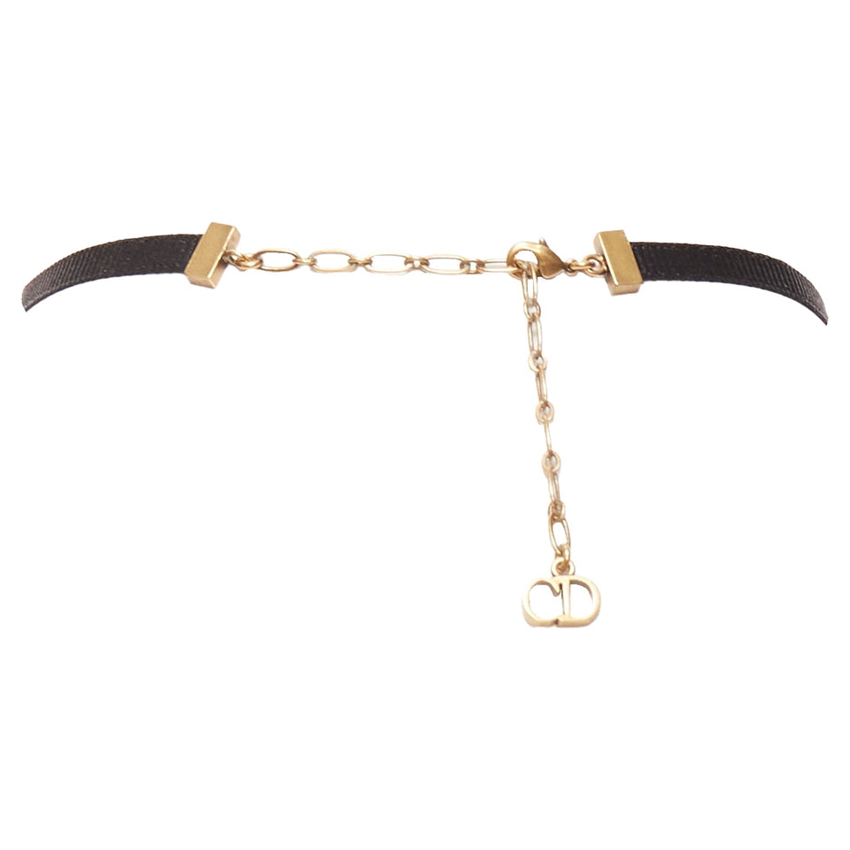Dior J'adior Antique Gold Logo Plate Ribbon CD Charm Choker Necklace