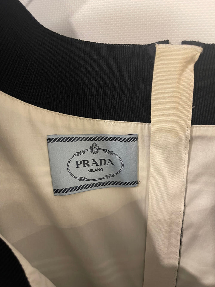 Prada Khaki, Navy & White Striped Mid-Sleeve Off-Shoulder Dress Size IT 40 (UK 8)