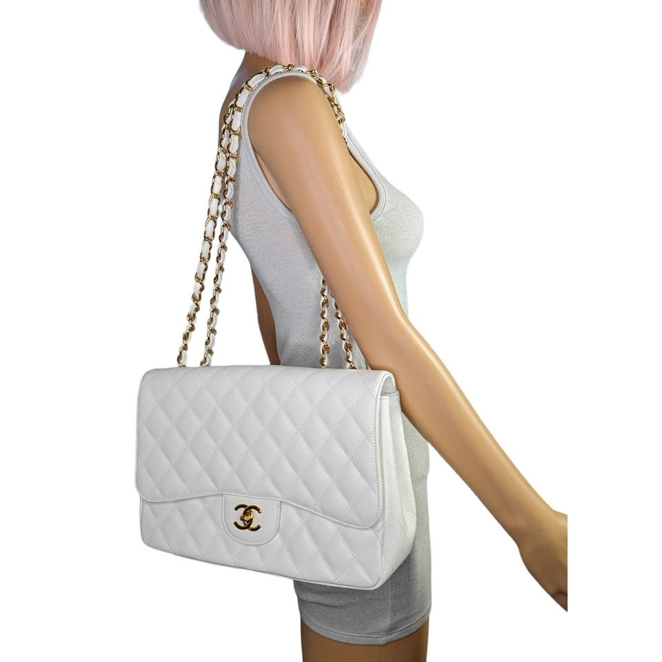 Chanel bags Vintage Classic Quilted Caviar Single White Jumbo Flap