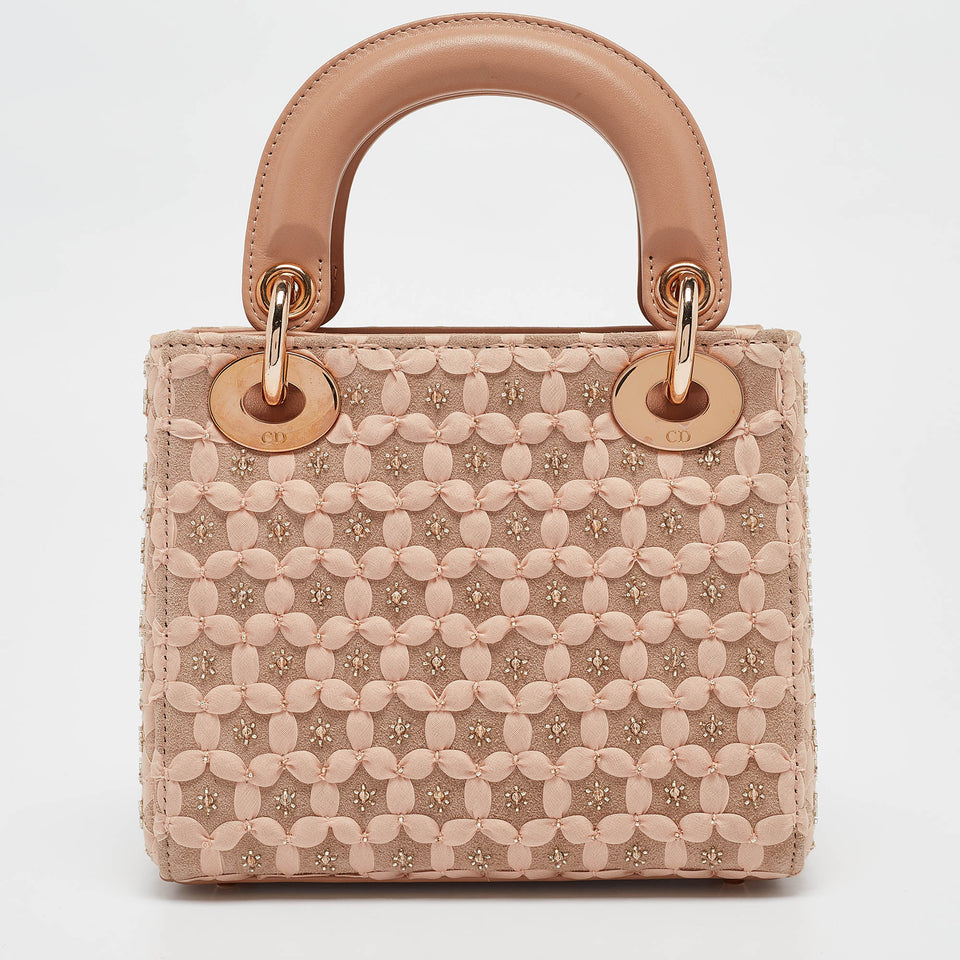 Dior Peach Leather And Suede Mini Beaded Ribbon Lady Dior Tote