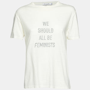 Dior Ivory Slogan Print Cotton & Linen Crew Neck T-Shirt
