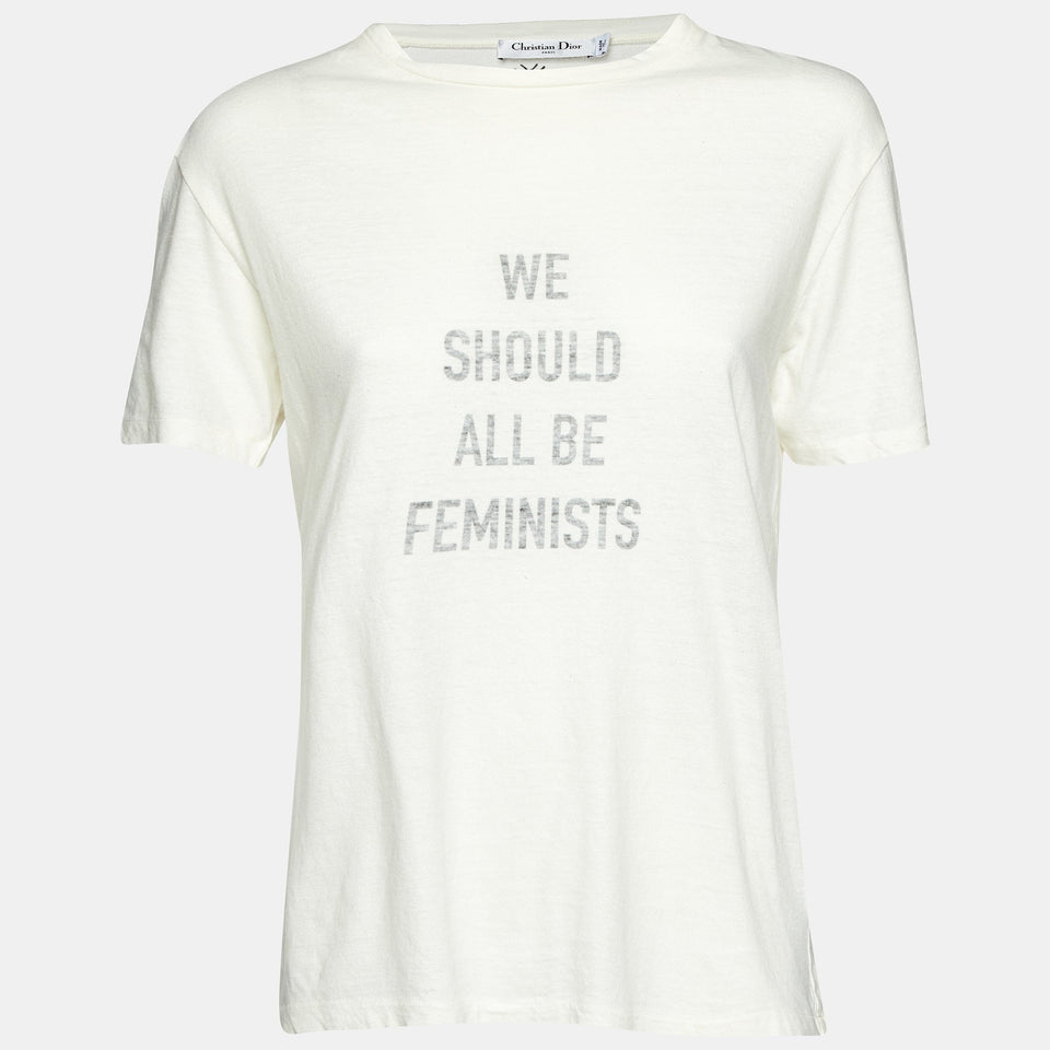 Dior Ivory Slogan Print Cotton & Linen Crew Neck T-Shirt