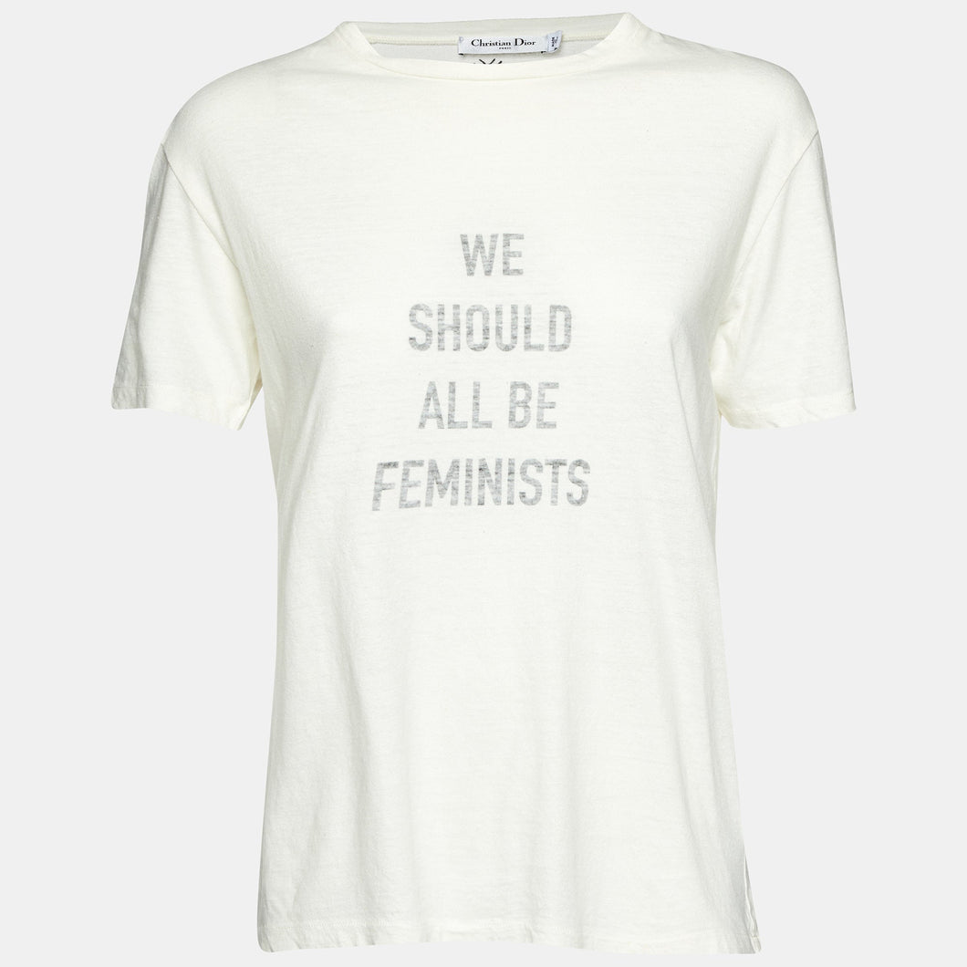 Dior Ivory Slogan Print Cotton & Linen Crew Neck T-Shirt