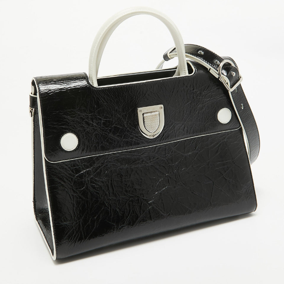 Dior Black/white Crinkled Patent Leather Medium Diorever Top Handle Bag