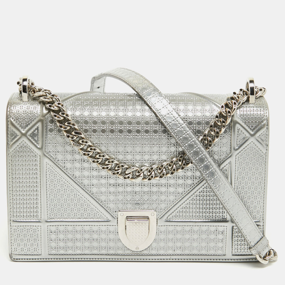 Silver Microcannage Patent Leather Medium Diorama Flap Shoulder Bag