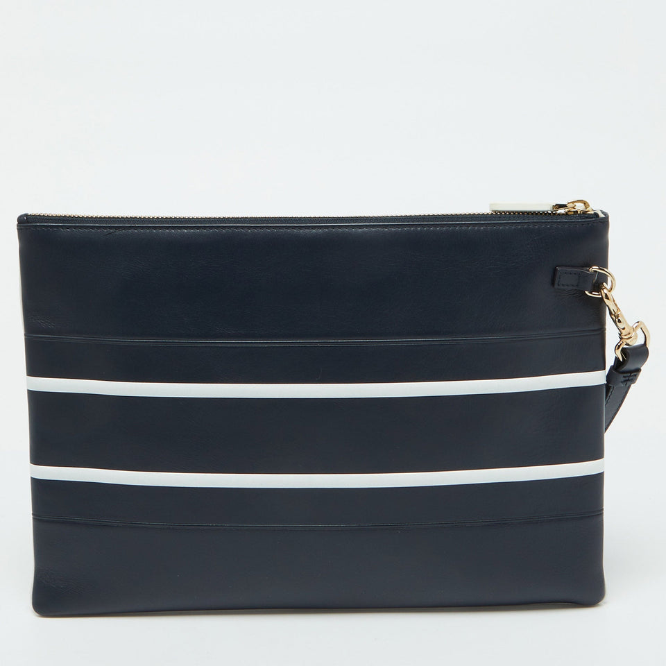 Dior Navy Blue/white Leather Logo Vibe Zip Clutch