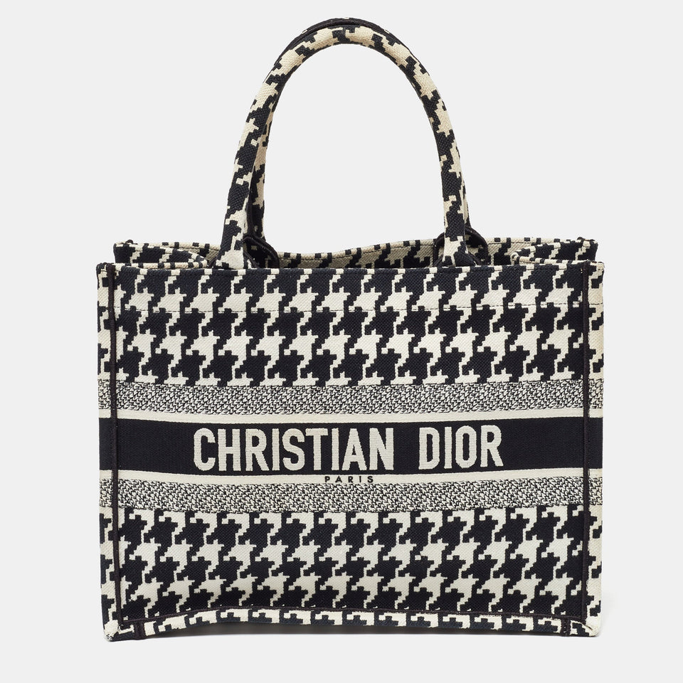 Dior Black/white Embroidered Macro Houndstooth Canvas Medium Book Tote