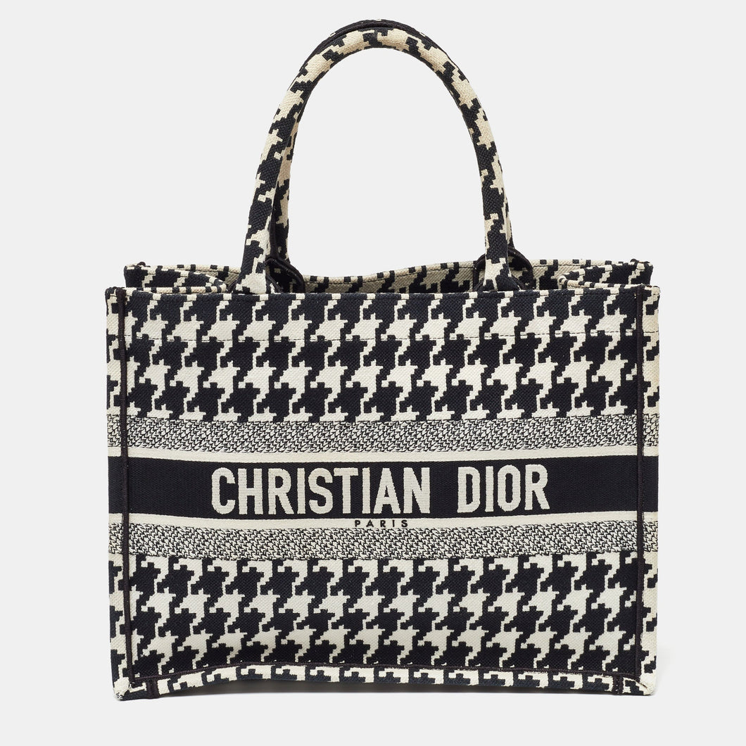 Dior Black/white Embroidered Macro Houndstooth Canvas Medium Book Tote