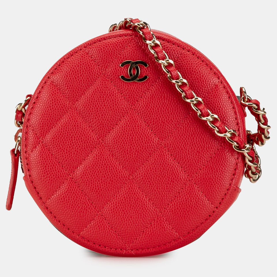 Quilted Caviar Round Clutch With Chain