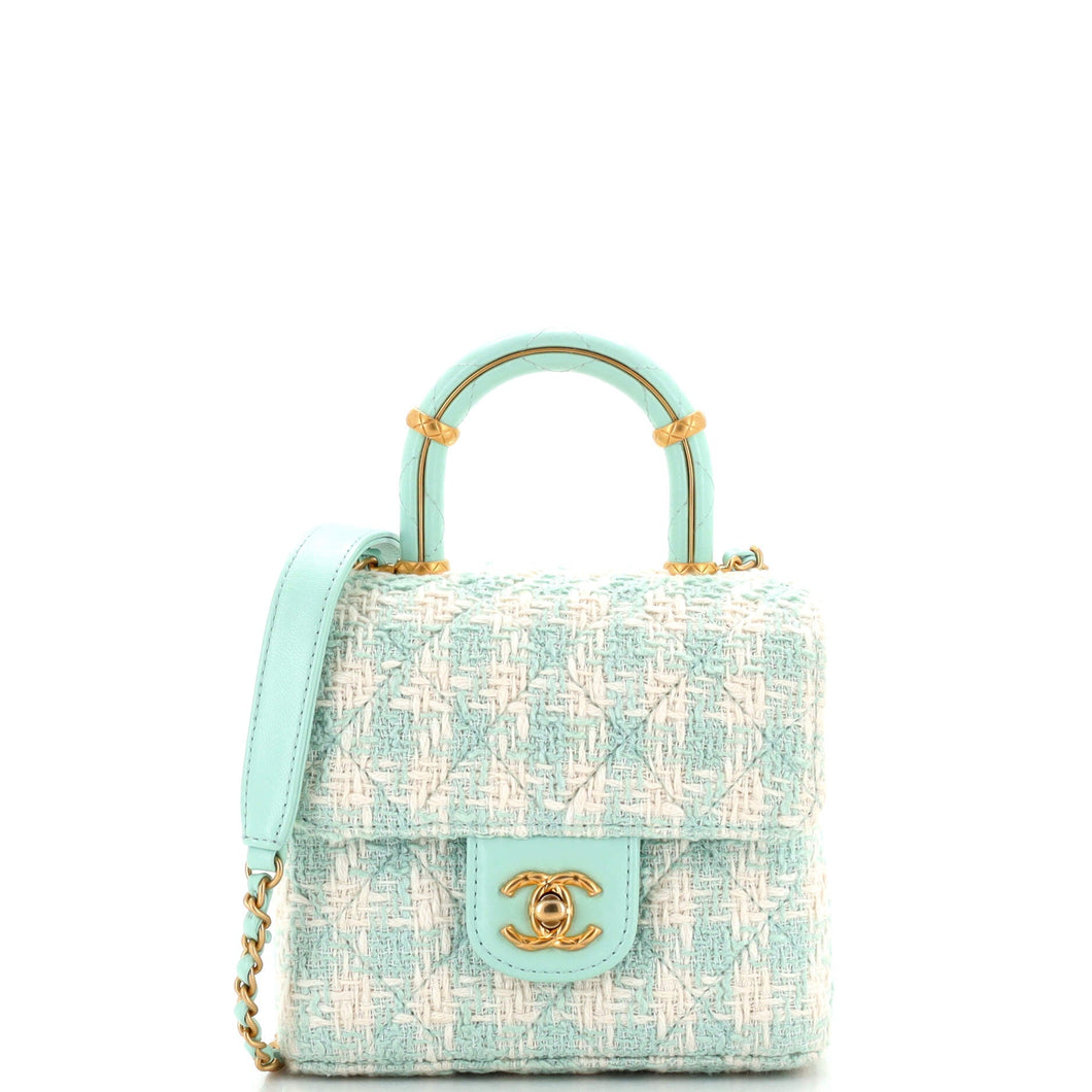 CHANEL Crush Top Handle Flap Bag Quilted Tweed Mini
