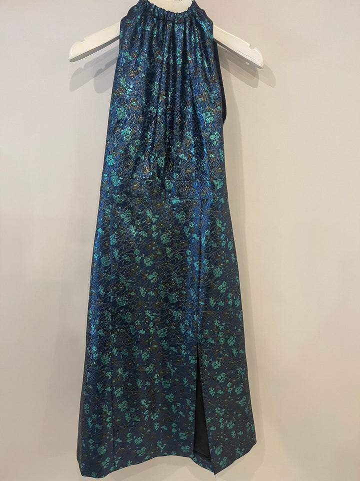 Prada Blue & Green Metallic Sleeveless Midi Dress with Floral Prints Size IT 40 (UK 8)