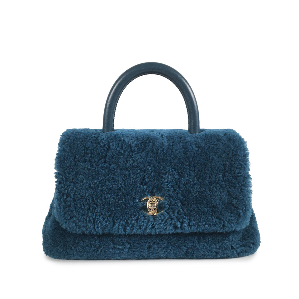 Chanel Coco Top Handle Small Blue Shearling Gold