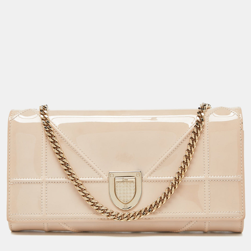 Beige Patent Leather Diorama Wallet on Chain