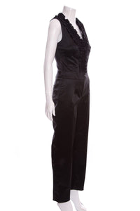 Chanel Black Satin Sleeveless Ruffle Jumpsuit SZ 38