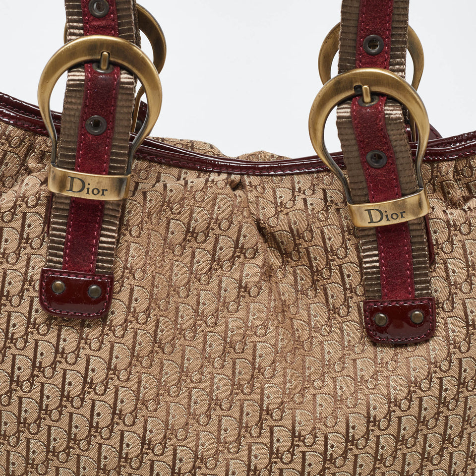 Dior Beige/maroon Oblique Canvas Suede And Patent Leather Tote