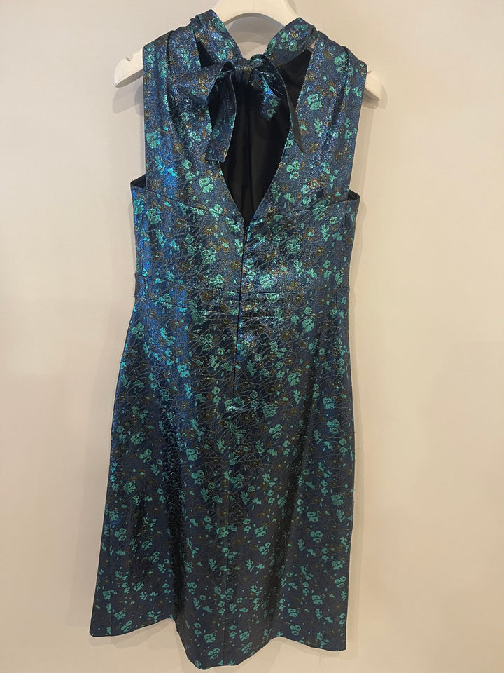 Prada Blue & Green Metallic Sleeveless Midi Dress with Floral Prints Size IT 40 (UK 8)