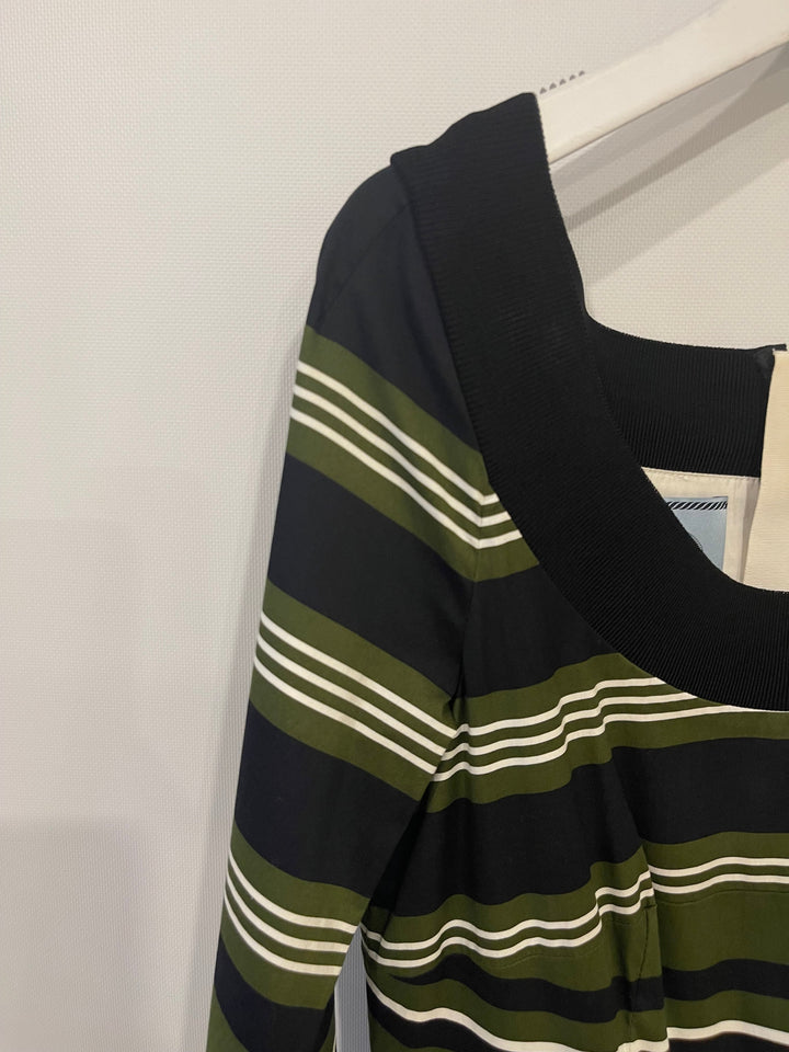 Prada Khaki, Navy & White Striped Mid-Sleeve Off-Shoulder Dress Size IT 40 (UK 8)