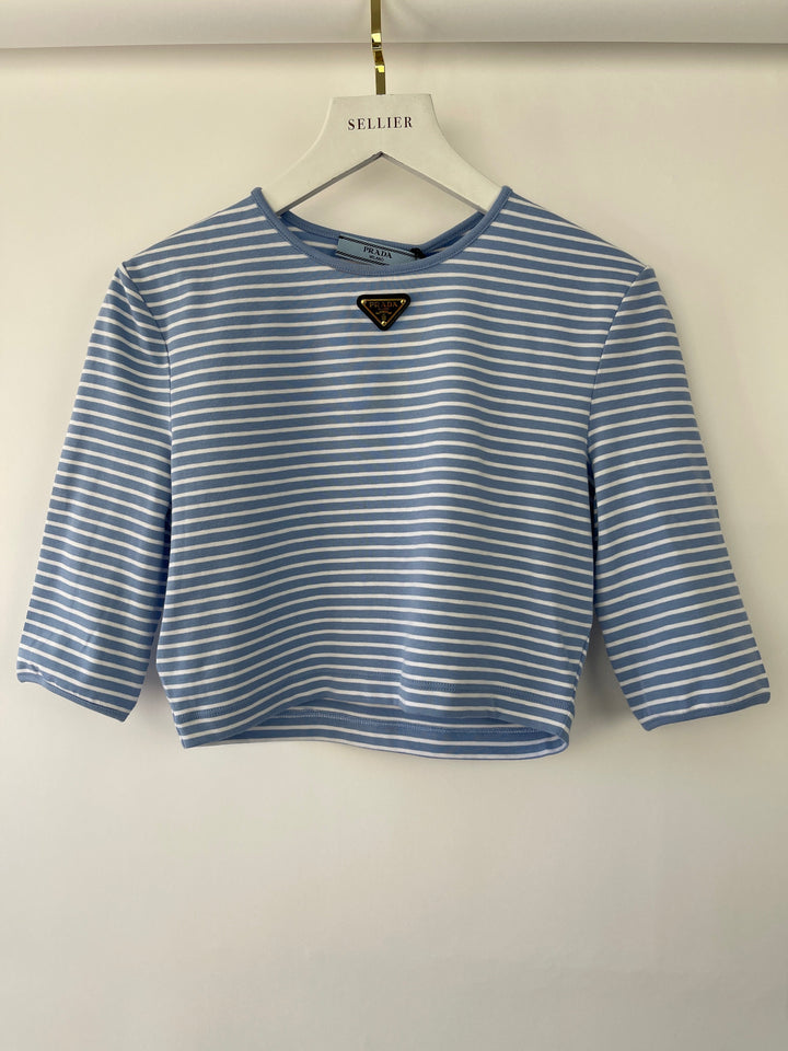 Prada Baby Blue and White Stripped Jersey Cropped Top Size IT 38 (UK 6)