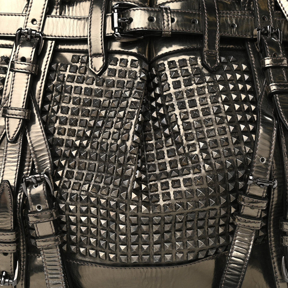 BURBERRY ROWAN STUDDED METALLIC SATCHEL PEWTER