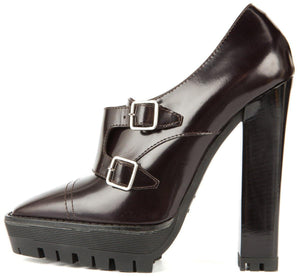 Burberry 39.5 Dark Brown Leather and Silver Buckle Chunky Sole Heel
