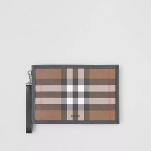 BURBERRY HOUSE CHECK & LEATHER ZIP POUCH CLUTCH
