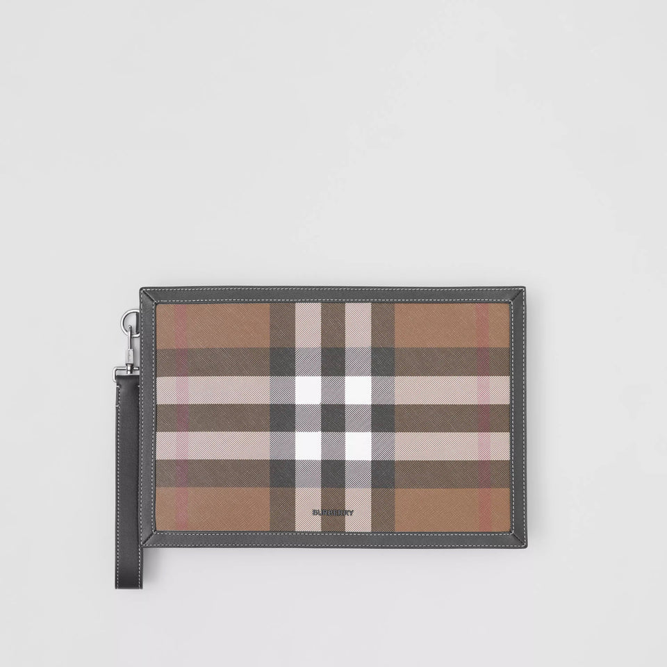 BURBERRY HOUSE CHECK & LEATHER ZIP POUCH CLUTCH