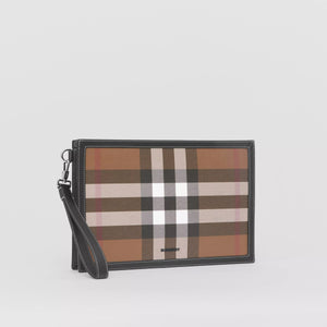 BURBERRY HOUSE CHECK & LEATHER ZIP POUCH CLUTCH