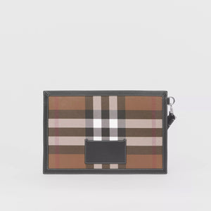 BURBERRY HOUSE CHECK & LEATHER ZIP POUCH CLUTCH