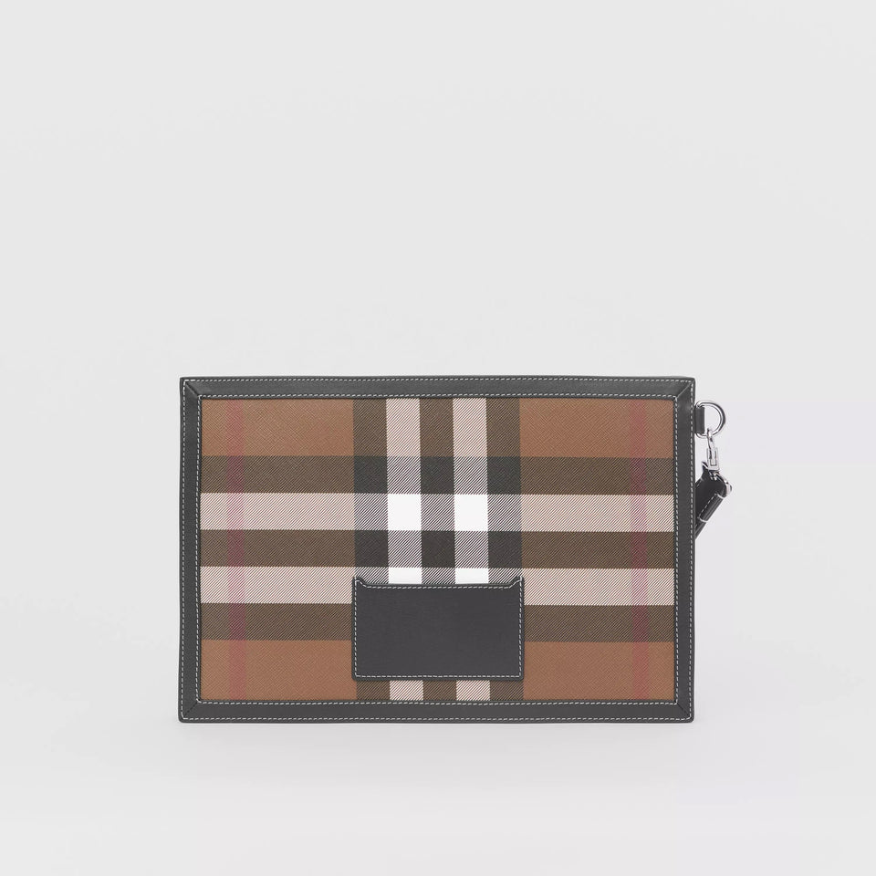 BURBERRY HOUSE CHECK & LEATHER ZIP POUCH CLUTCH