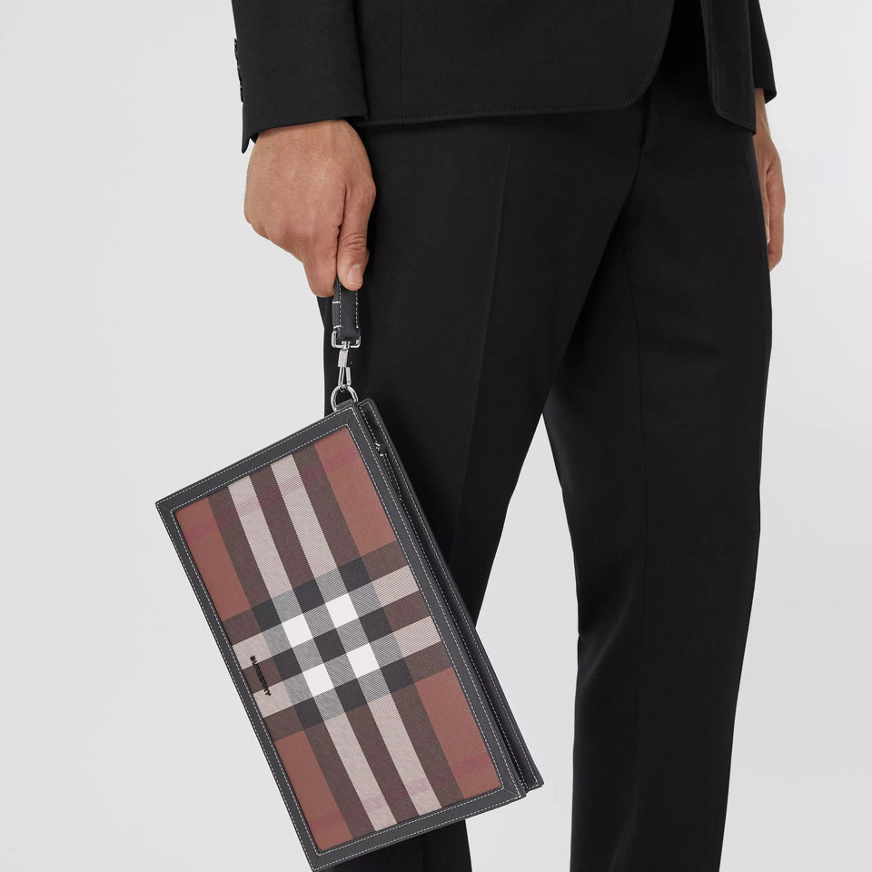BURBERRY HOUSE CHECK & LEATHER ZIP POUCH CLUTCH
