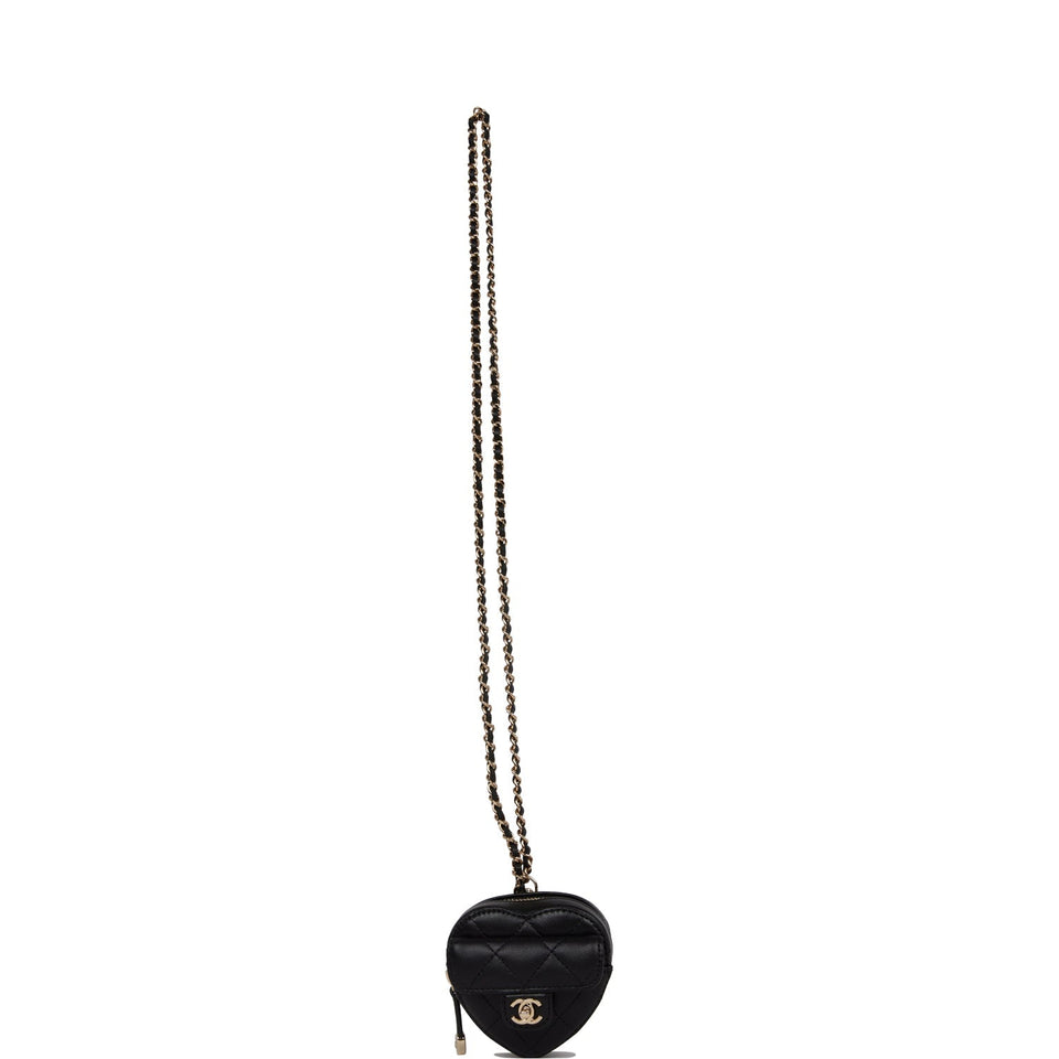 Chanel CC In Love Heart Necklace Bag Black Lambskin Light Gold Hardware