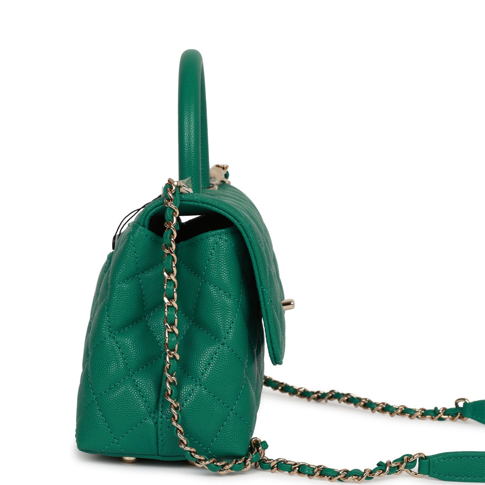 Chanel Small Coco Handle Flap Bag Green Caviar Light Gold Hardware