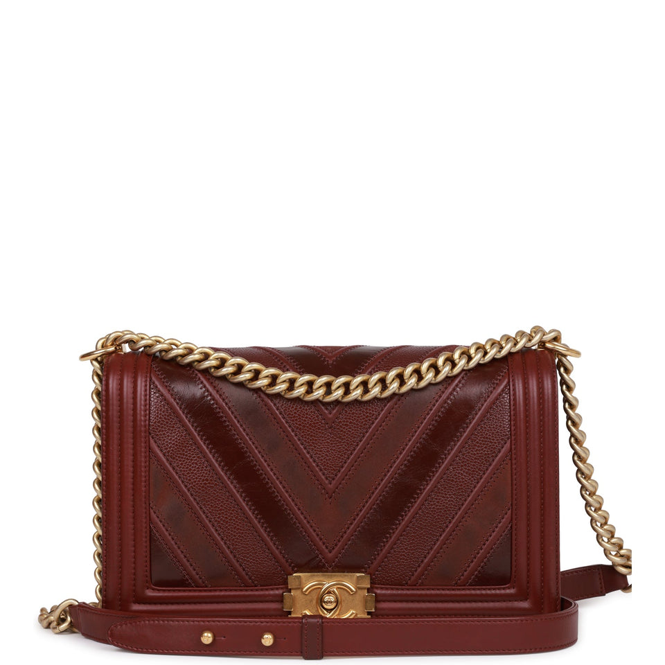 Chanel New Medium Boy Bag Burgundy Chevron Antique Gold Hardware