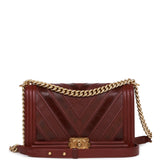 Chanel New Medium Boy Bag Burgundy Chevron Antique Gold Hardware
