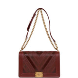 Chanel New Medium Boy Bag Burgundy Chevron Antique Gold Hardware
