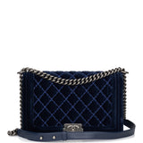 Chanel Large Boy Bag Blue Velvet Ruthenium Hardware