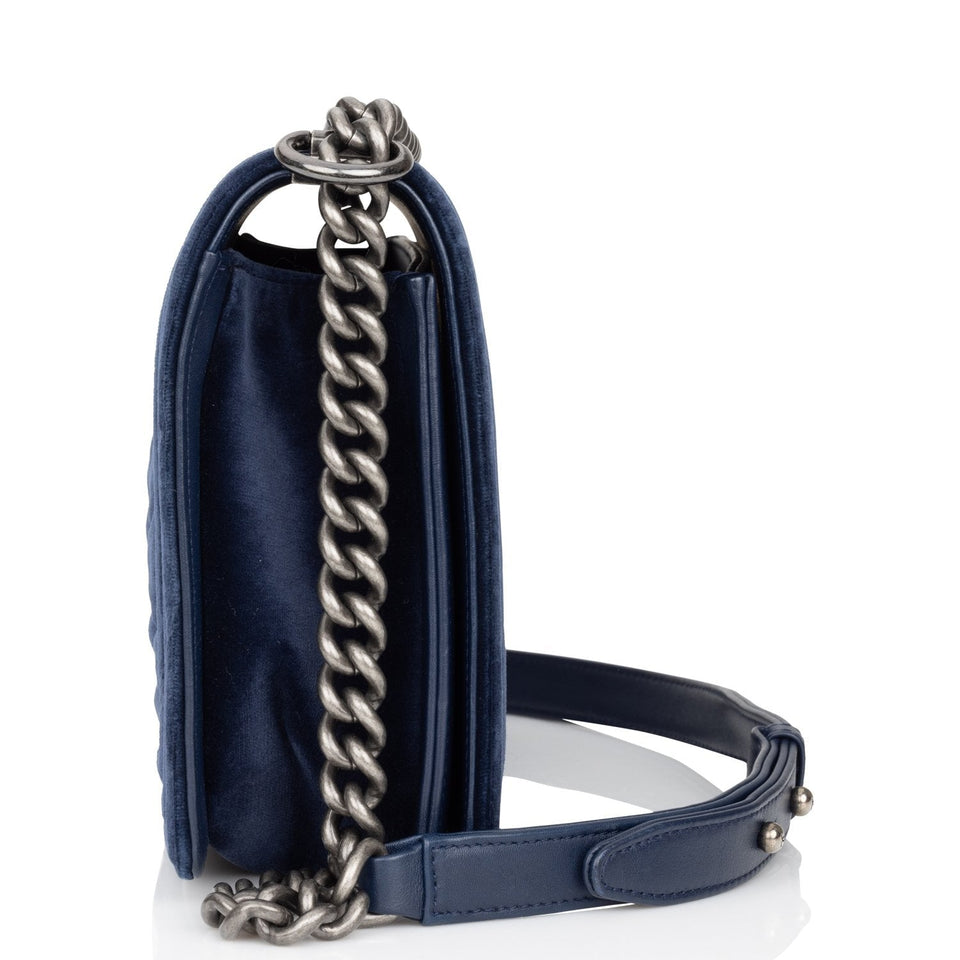Chanel Large Boy Bag Blue Velvet Ruthenium Hardware