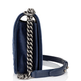 Chanel Large Boy Bag Blue Velvet Ruthenium Hardware