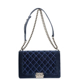 Chanel Large Boy Bag Blue Velvet Ruthenium Hardware