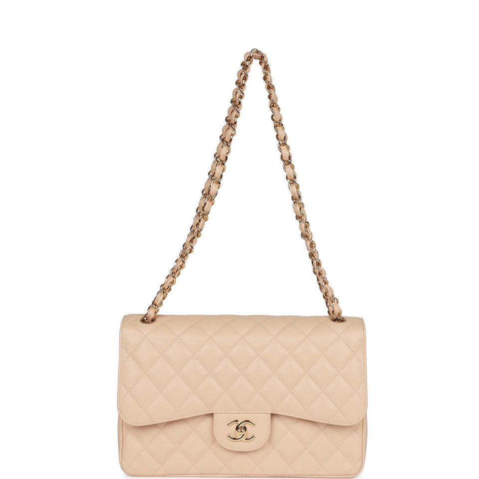 Chanel Jumbo Classic Double Flap Bag Beige Caviar Gold Hardware