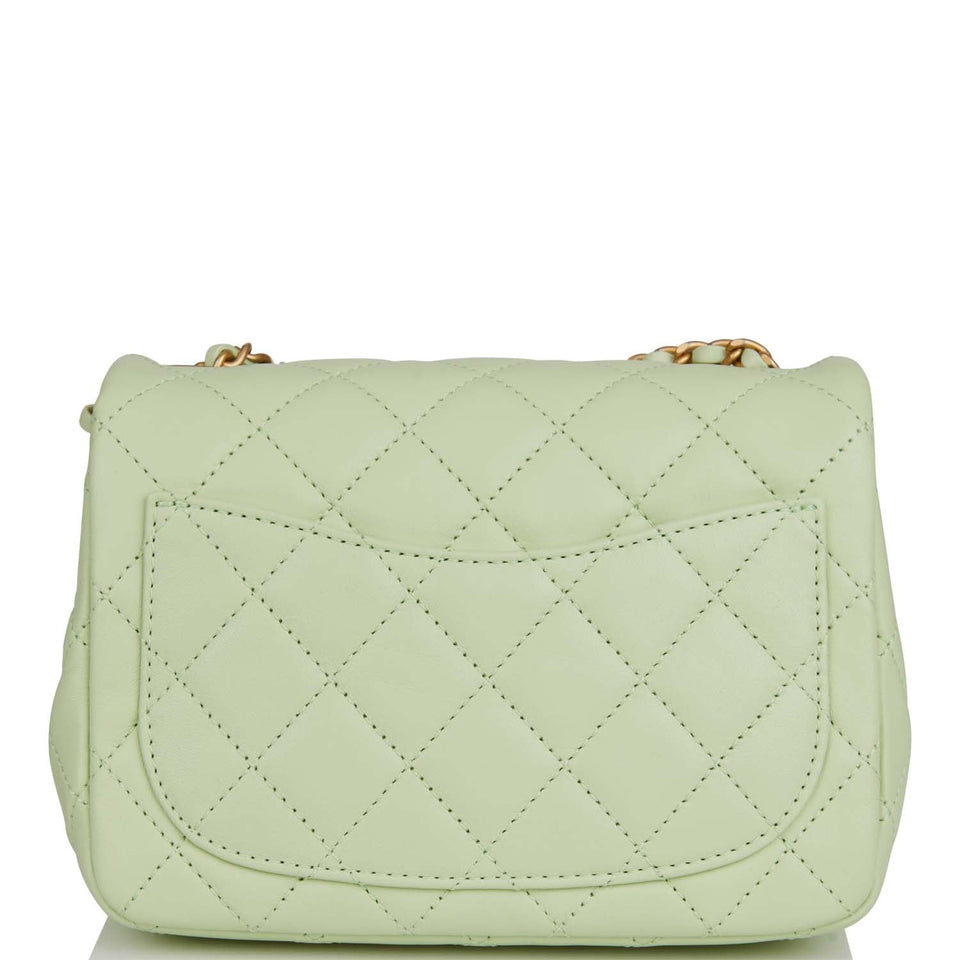 Chanel Pearl Crush Mini Square Flap Bag Light Green Lambskin Antique Gold Hardware
