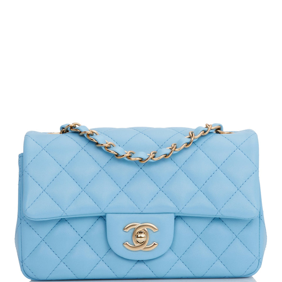 Chanel Mini Rectangular Flap Bag Blue Lambskin Light Gold Hardware