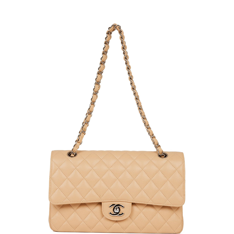 Chanel Medium Classic Double Flap Bag Beige Caviar Silver Hardware