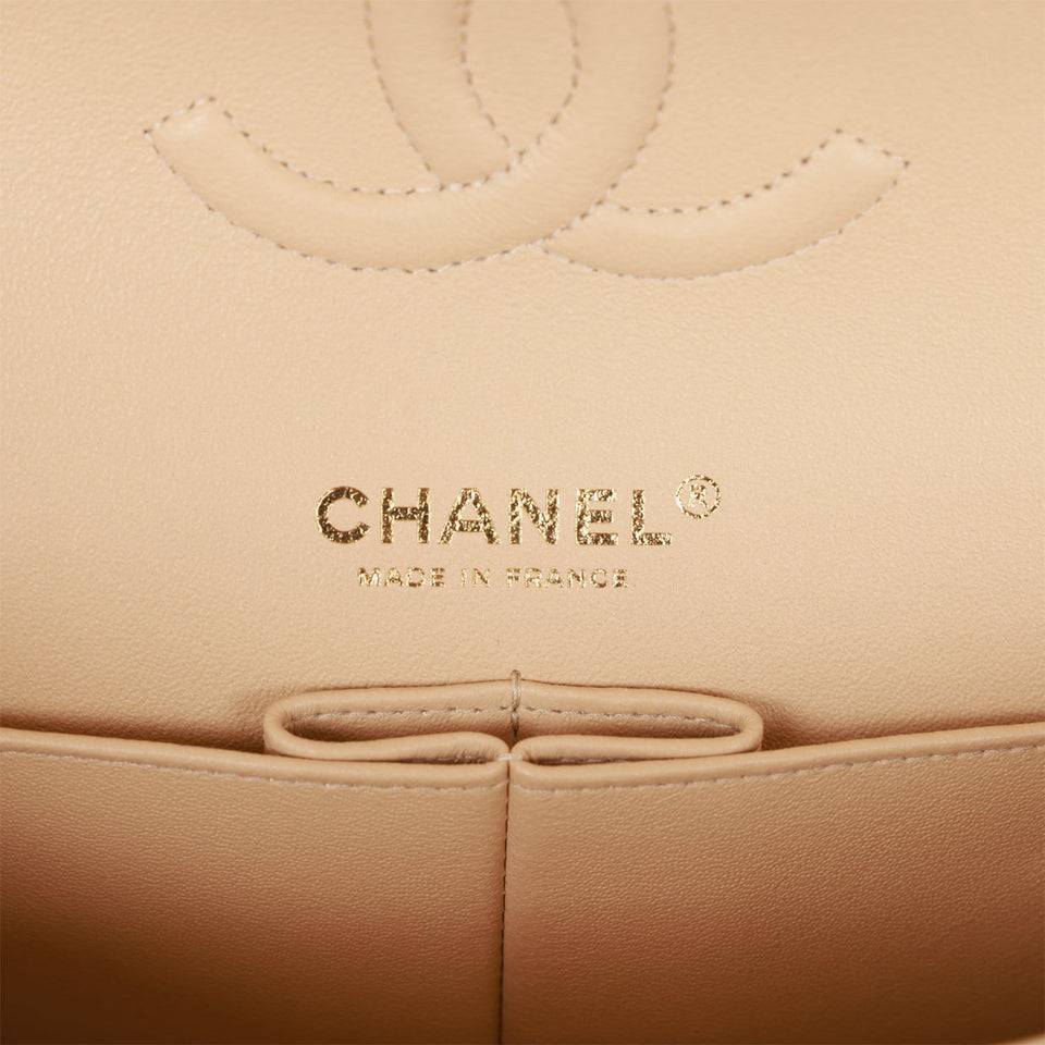 Chanel Medium Classic Double Flap Bag Beige Lambskin Light Gold Hardware