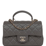 Chanel Mini Rectangular Flap Bag with Top Handle Dark Grey Lambskin Light Gold Hardware