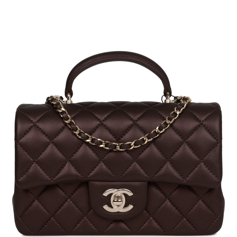 Chanel Mini Rectangular Flap Bag with Top Handle Burgundy Lambskin Light Gold Hardware